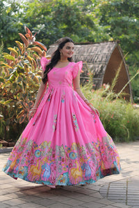 Thumbnail for Jyoti Fashion Women's Pink Dola Silk Printed Festive Designer Anarkali Dress - Distacart