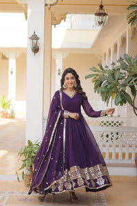 Thumbnail for Jyoti Fashion Women's Purple Faux Blooming Sequins Embroidered Partywear Anarkali Dress with Dupatta - Distacart