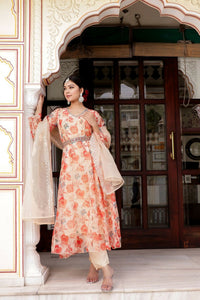 Thumbnail for Vaasva Women Cream Organza Floral Print & Embroidered Anarkali Kurta, Pant & Dupatta set - Distacart