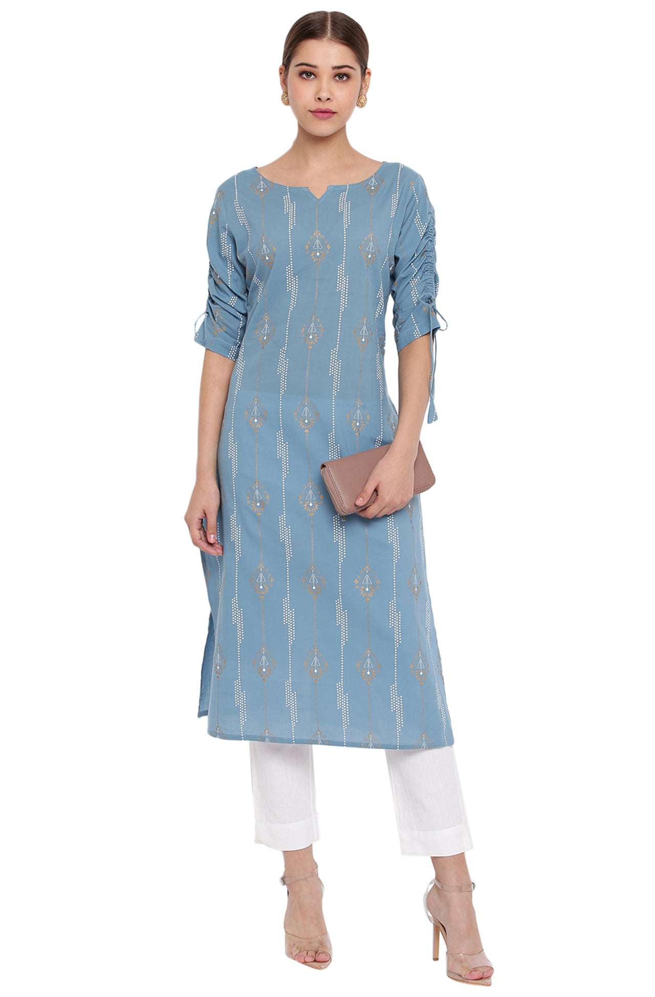 Janasya Turquoise Blue Cotton Ethnic Motifs Straight kurta