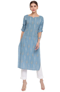 Thumbnail for Janasya Turquoise Blue Cotton Ethnic Motifs Straight kurta