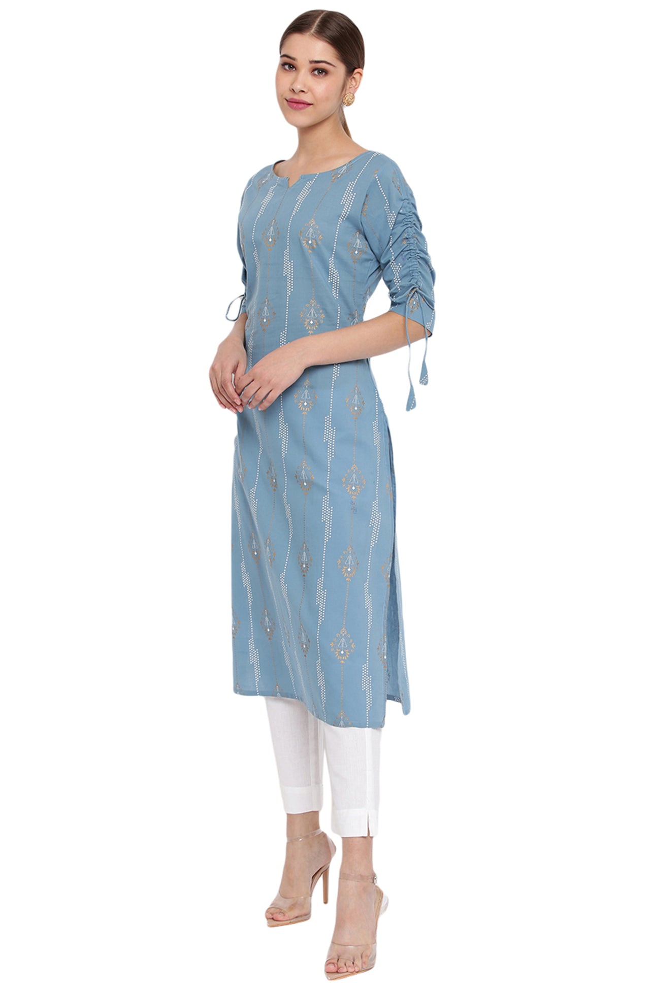 Janasya Turquoise Blue Cotton Ethnic Motifs Straight kurta