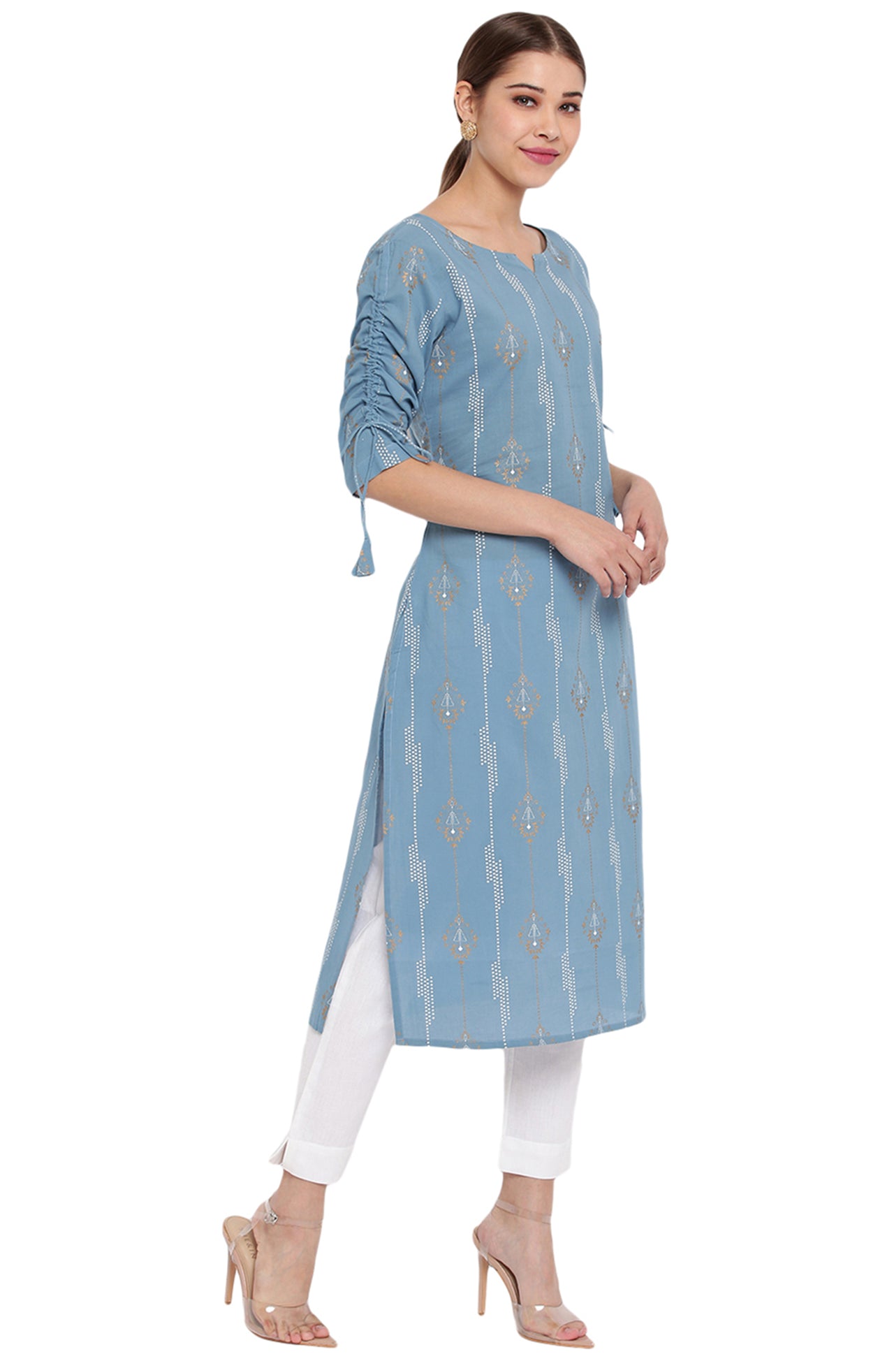 Janasya Turquoise Blue Cotton Ethnic Motifs Straight kurta