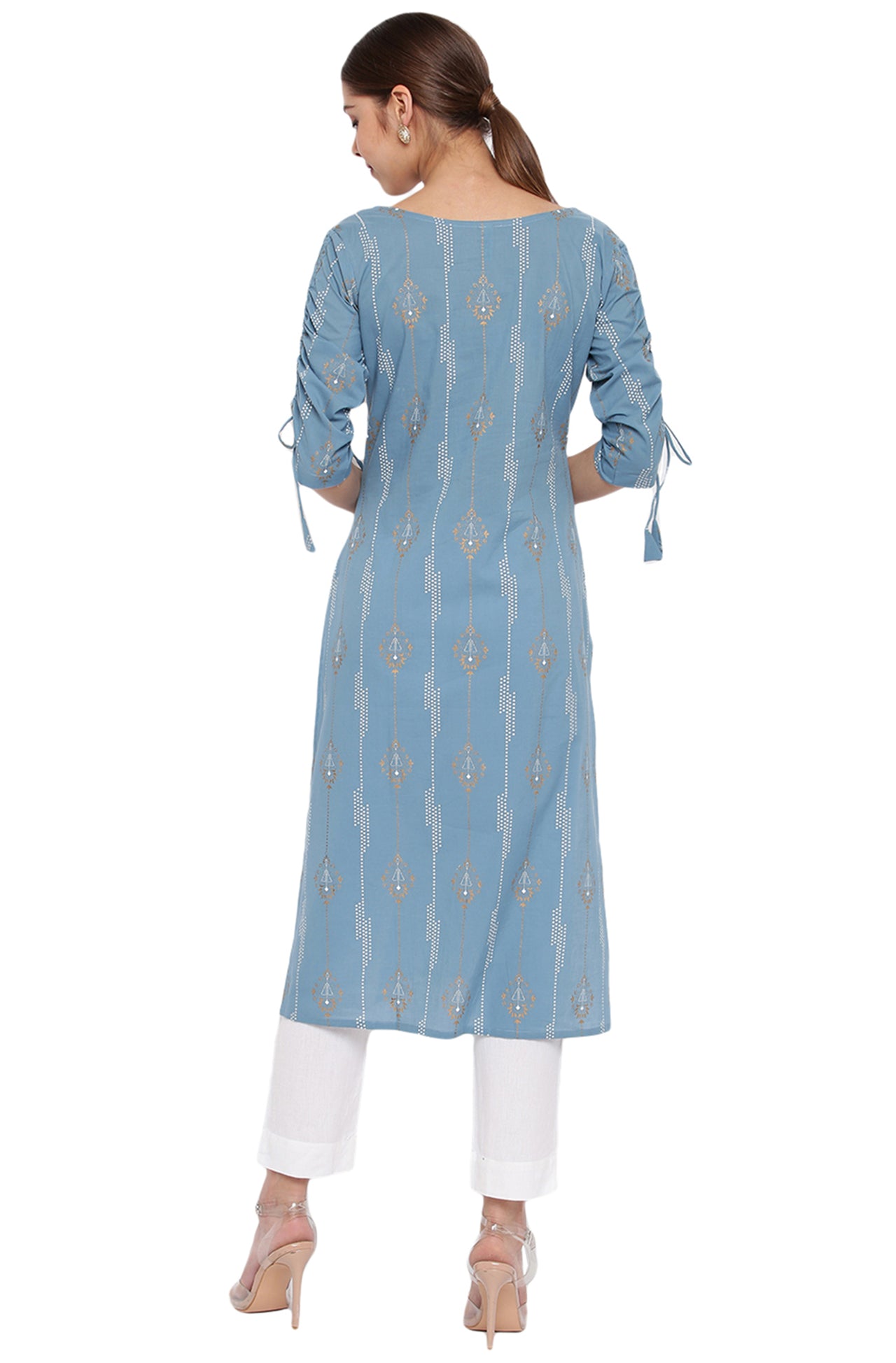 Janasya Turquoise Blue Cotton Ethnic Motifs Straight kurta