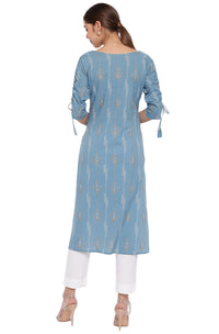 Thumbnail for Janasya Turquoise Blue Cotton Ethnic Motifs Straight kurta