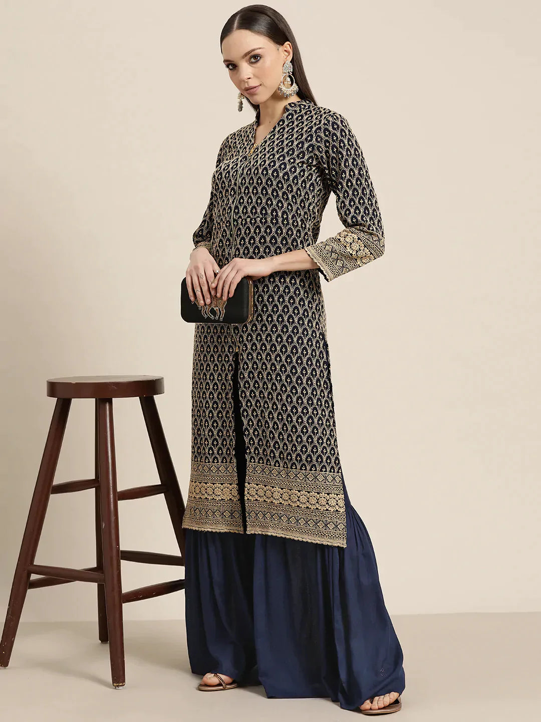 Jompers Women's Navy Embroidered Kurta with Sharara - Navy Blue - Distacart