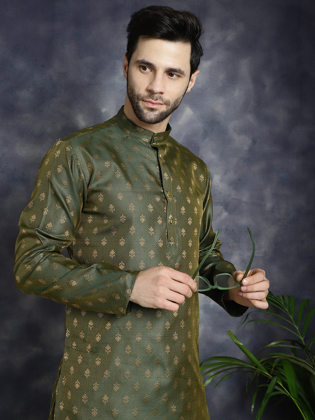 Buy Jompers Men's Woven Design Silk Blend Kurta with Pyjama - Olive ...