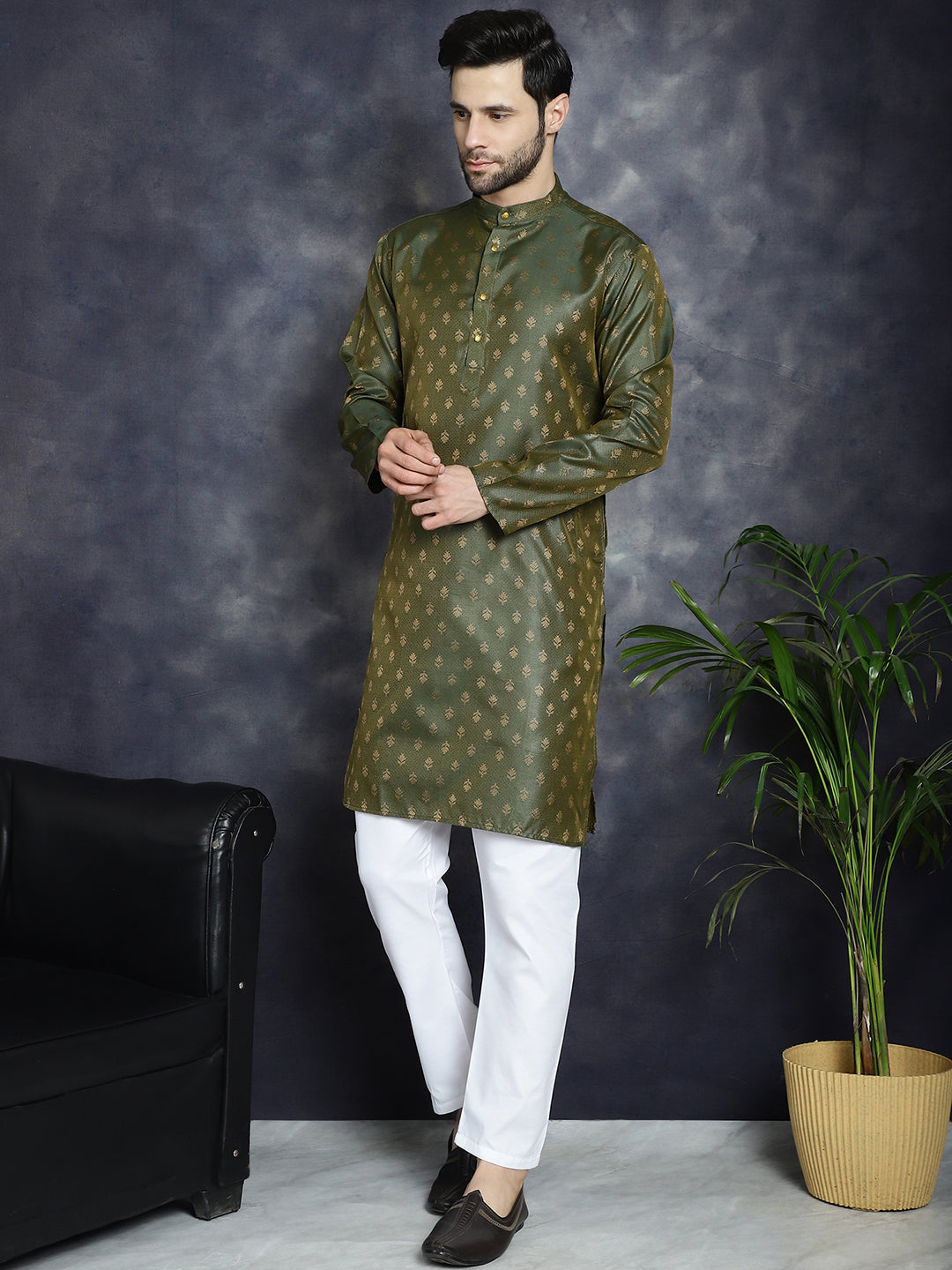 Buy Jompers Men's Woven Design Silk Blend Kurta with Pyjama - Olive ...