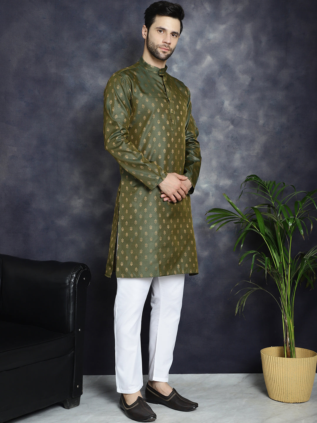 Buy Jompers Men's Woven Design Silk Blend Kurta with Pyjama - Olive ...