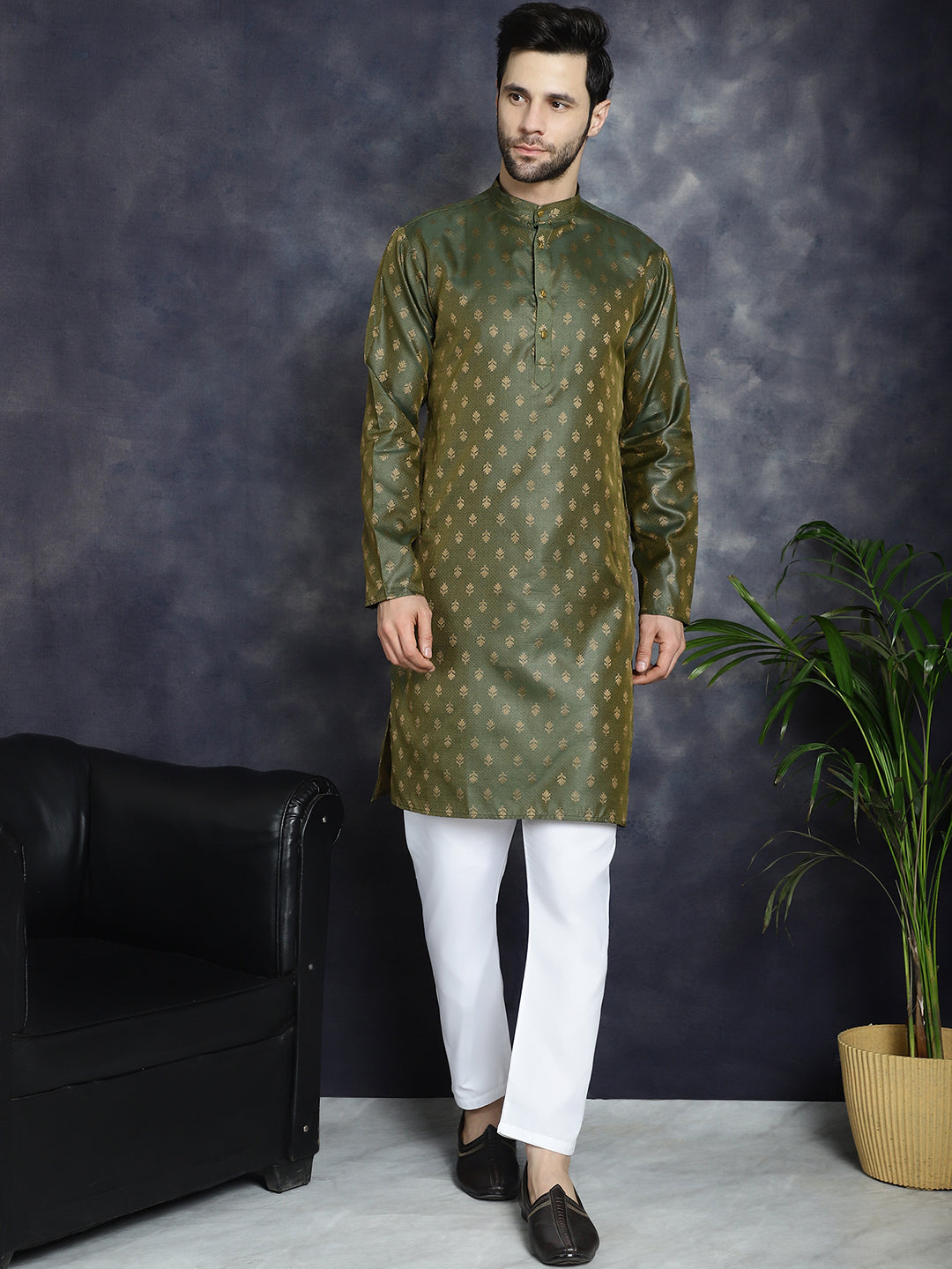 Buy Jompers Men's Woven Design Silk Blend Kurta with Pyjama - Olive ...