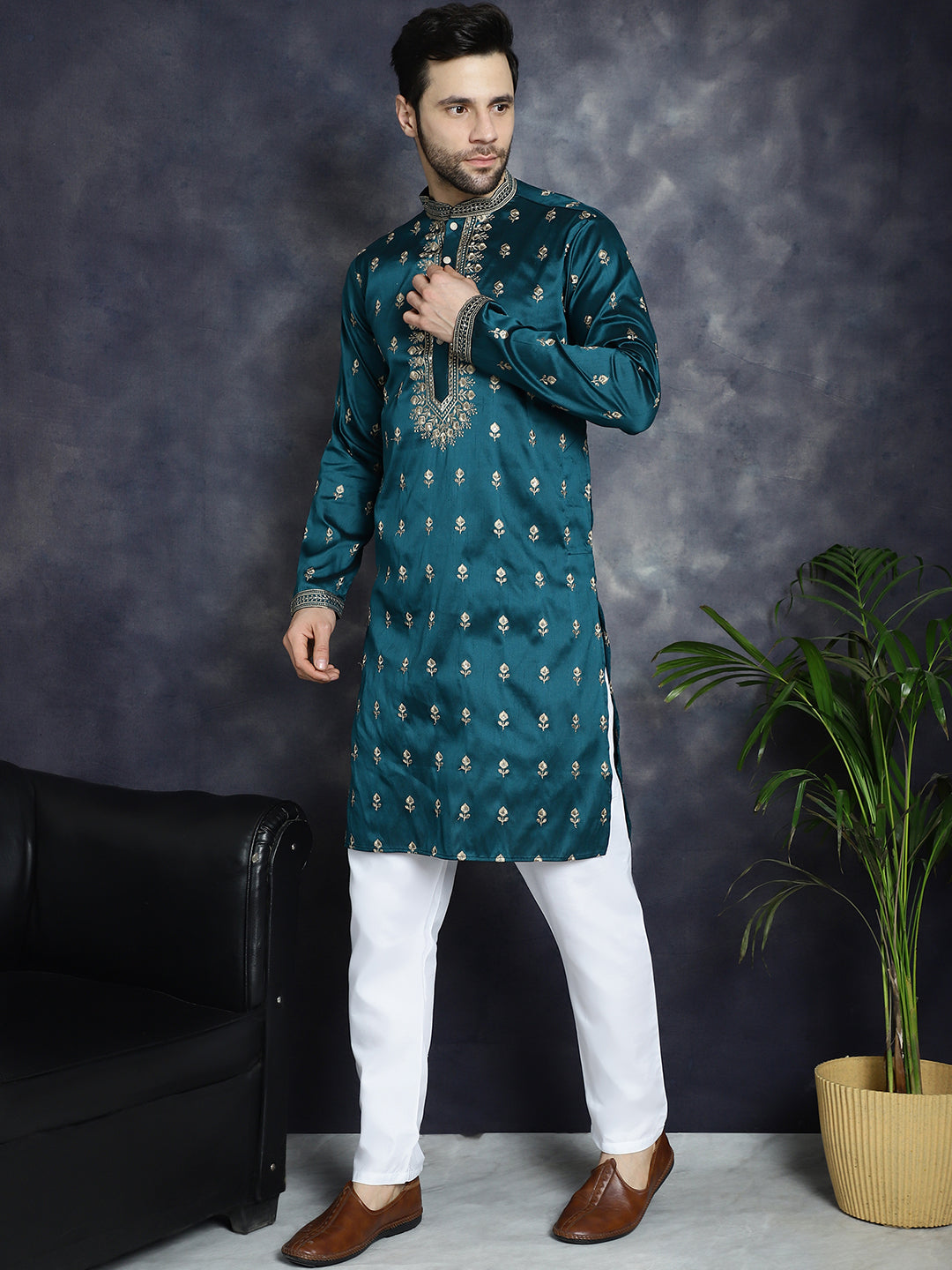 Buy Jompers Men's Peacock Blue Chikankari Embroidered Kurta With Pyjama ...