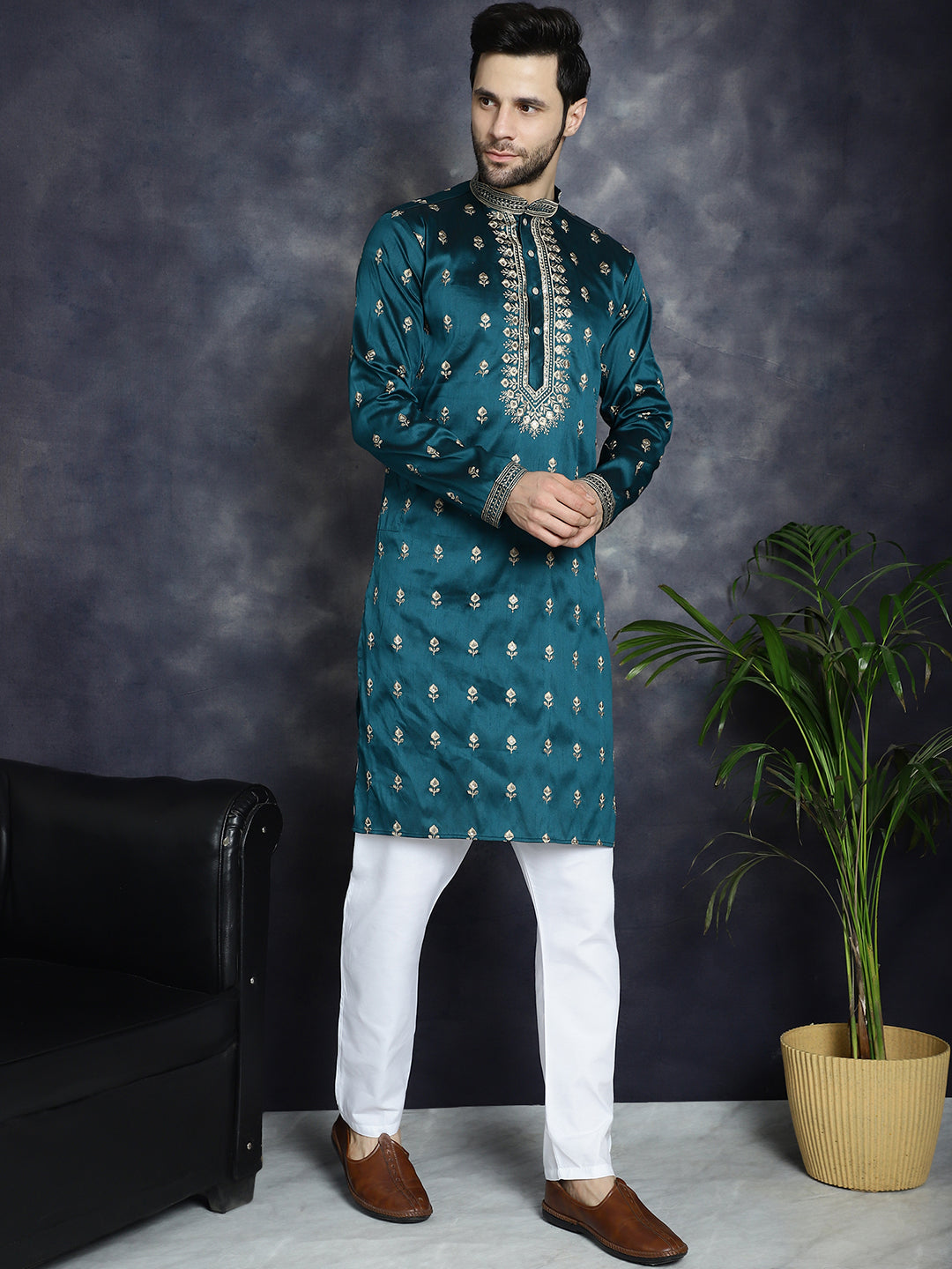 Buy Jompers Men's Peacock Blue Chikankari Embroidered Kurta With Pyjama ...