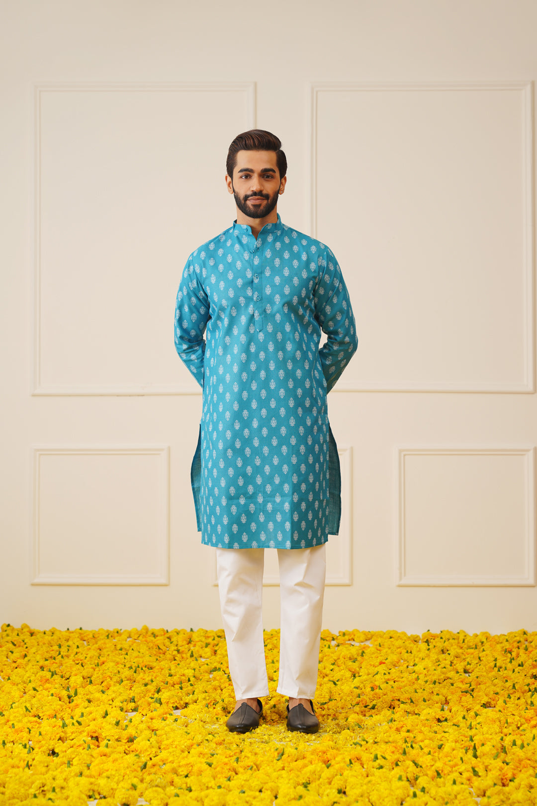 Jompers Men's Teal Cotton Floral printed kurta Only - Distacart