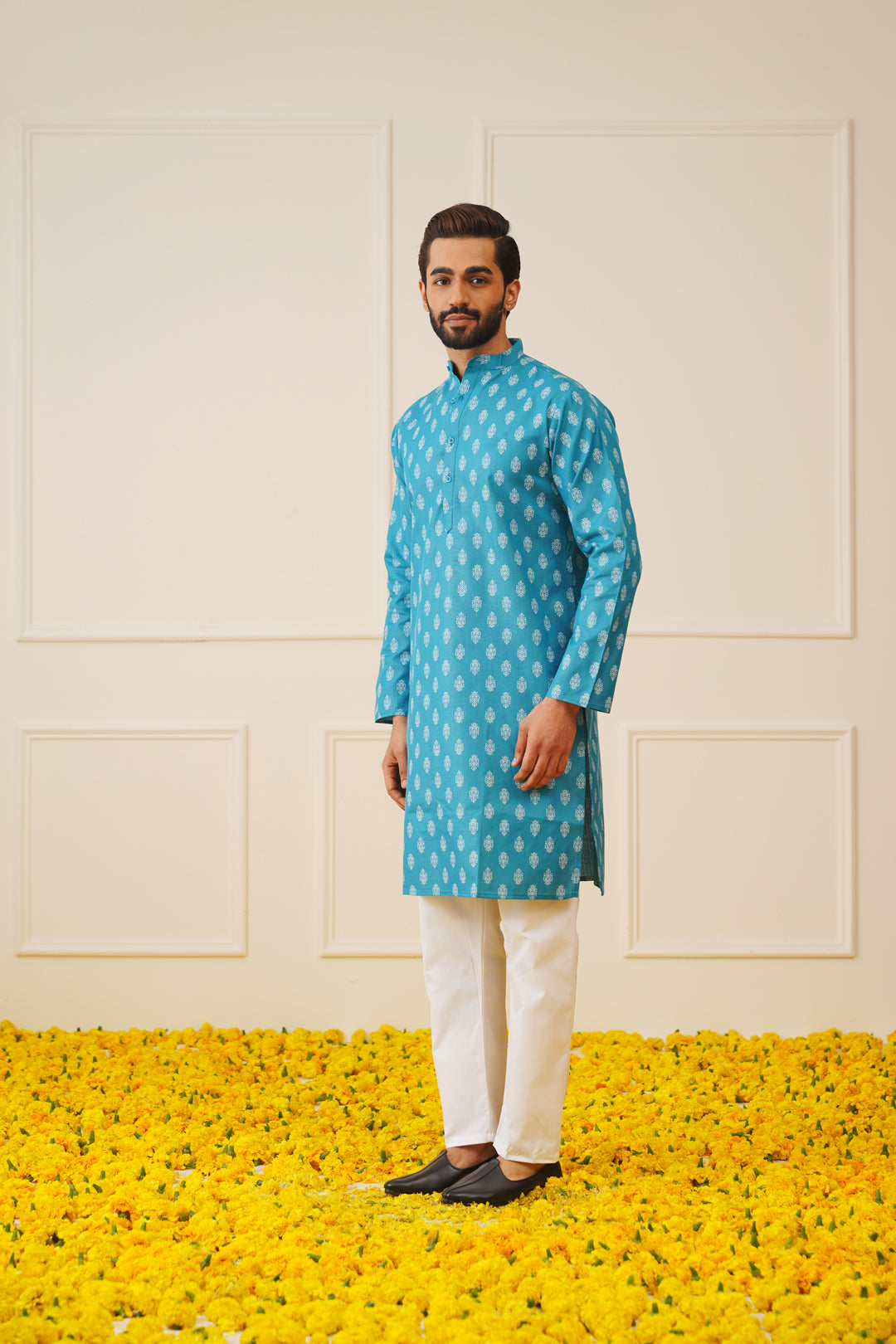 Jompers Men's Teal Cotton Floral printed kurta Only - Distacart