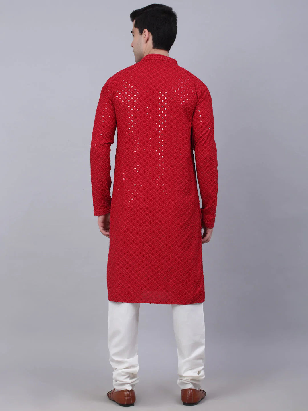 Jompers Men's Maroon Chikankari Embroidered and Sequence Kurta with Churidar - Distacart