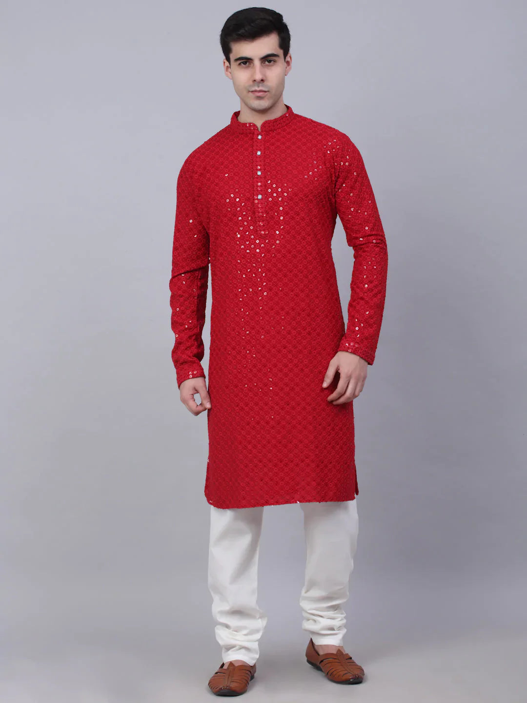 Jompers Men's Maroon Chikankari Embroidered and Sequence Kurta with Churidar - Distacart