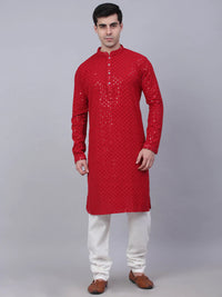 Thumbnail for Jompers Men's Maroon Chikankari Embroidered and Sequence Kurta with Churidar - Distacart