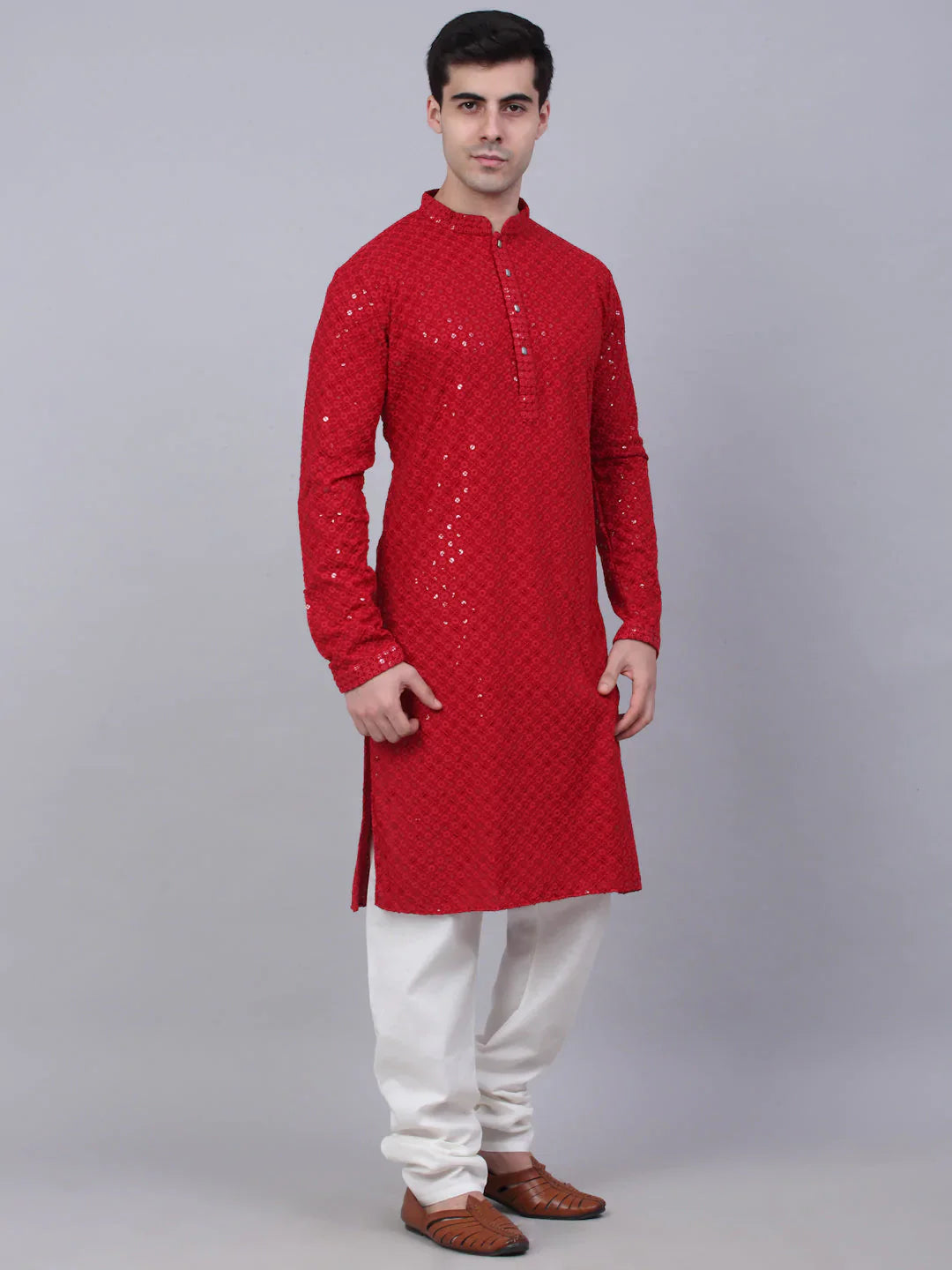 Jompers Men's Maroon Chikankari Embroidered and Sequence Kurta with Churidar - Distacart