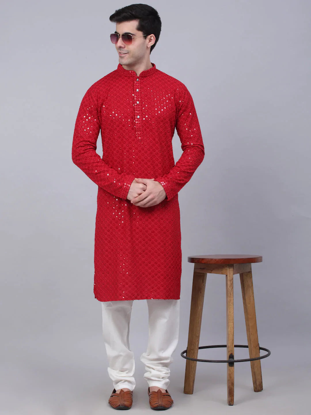 Jompers Men's Maroon Chikankari Embroidered and Sequence Kurta with Churidar - Distacart