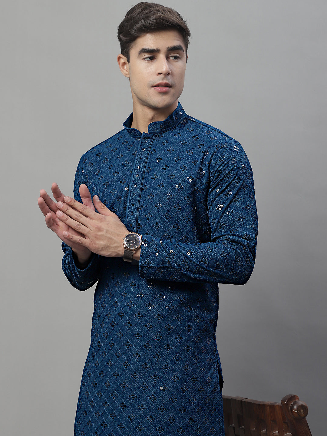 Jompers Men's Peacock Blue Chikankari Embroidered and Sequence Kurta - Distacart