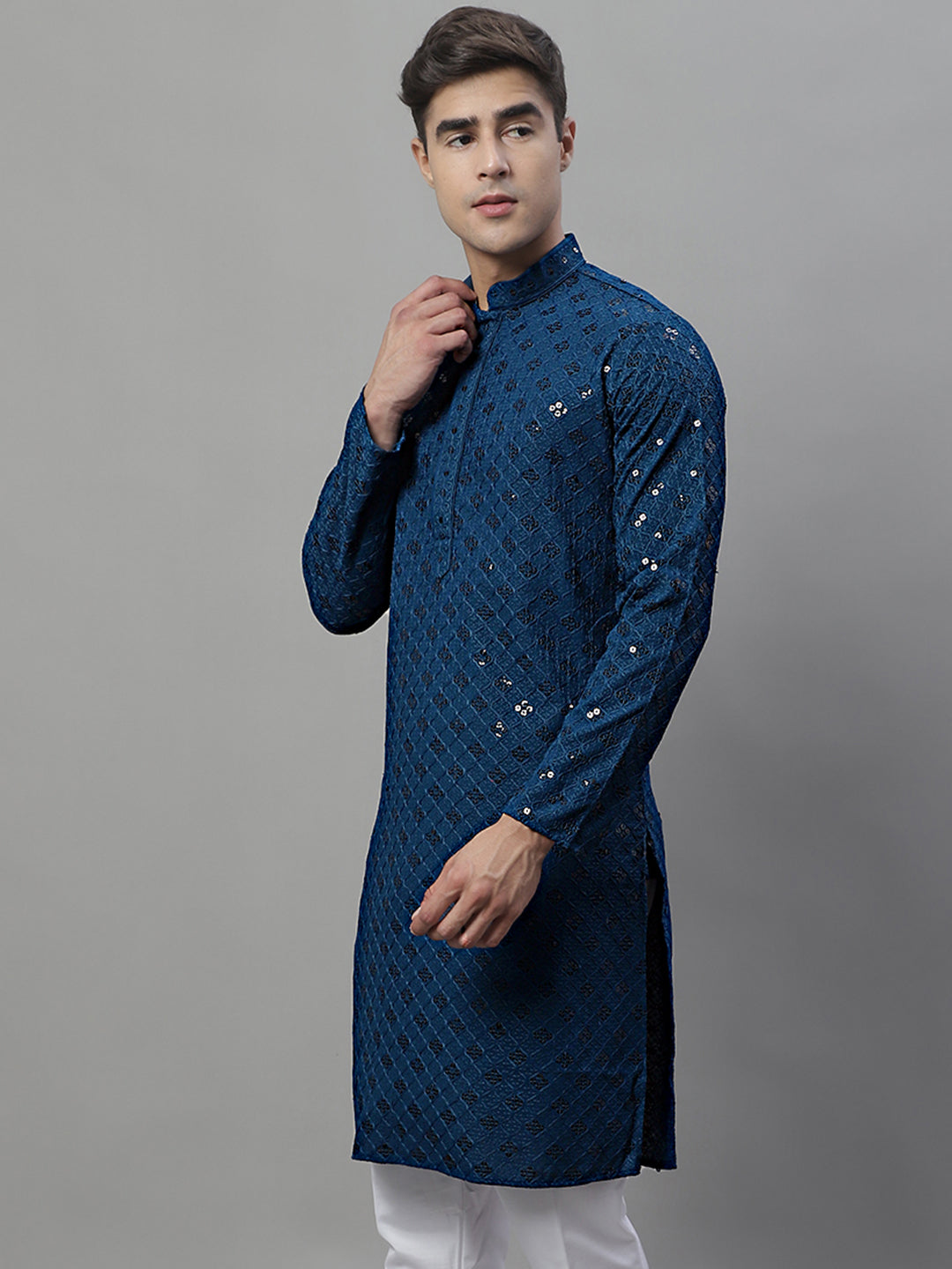 Jompers Men's Peacock Blue Chikankari Embroidered and Sequence Kurta - Distacart