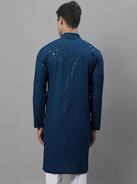 Thumbnail for Jompers Men's Peacock Blue Chikankari Embroidered and Sequence Kurta - Distacart