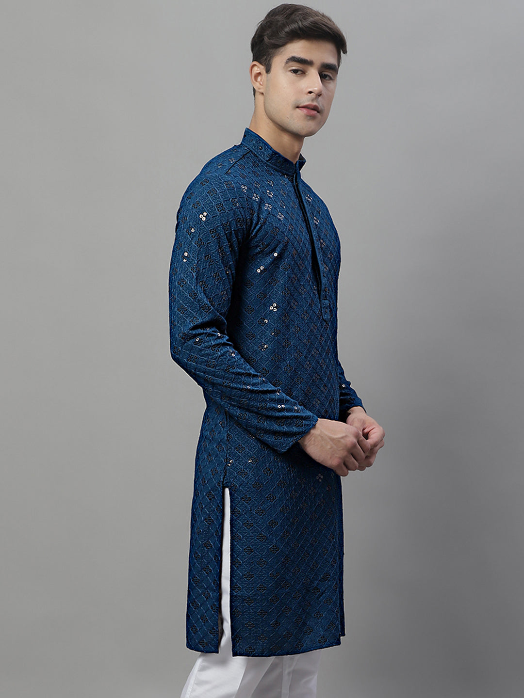 Jompers Men's Peacock Blue Chikankari Embroidered and Sequence Kurta - Distacart