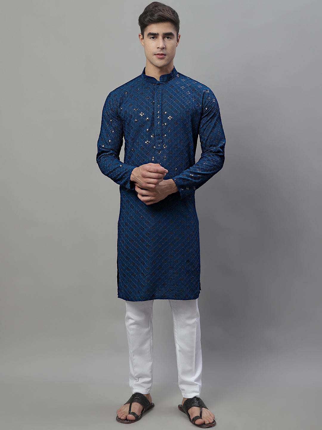 Jompers Men's Peacock Blue Chikankari Embroidered and Sequence Kurta - Distacart