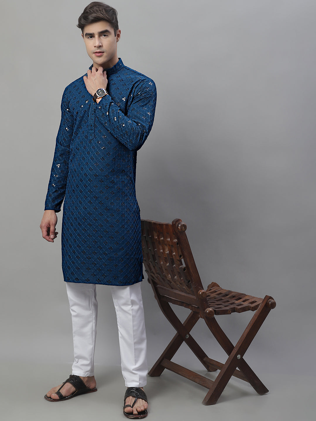 Jompers Men's Peacock Blue Chikankari Embroidered and Sequence Kurta - Distacart