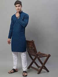 Thumbnail for Jompers Men's Peacock Blue Chikankari Embroidered and Sequence Kurta - Distacart