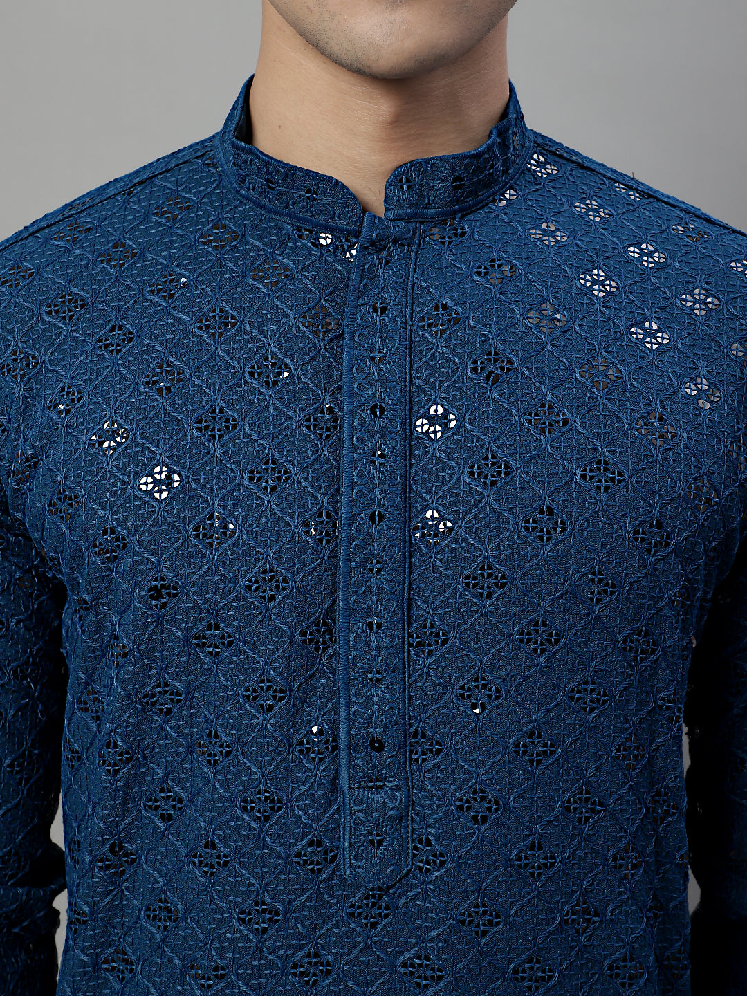 Jompers Men's Peacock Blue Chikankari Embroidered and Sequence Kurta - Distacart