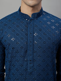 Thumbnail for Jompers Men's Peacock Blue Chikankari Embroidered and Sequence Kurta - Distacart