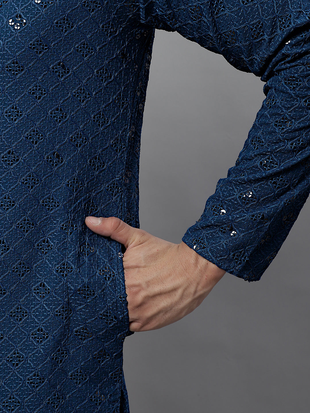 Jompers Men's Peacock Blue Chikankari Embroidered and Sequence Kurta - Distacart