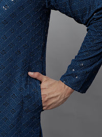 Thumbnail for Jompers Men's Peacock Blue Chikankari Embroidered and Sequence Kurta - Distacart