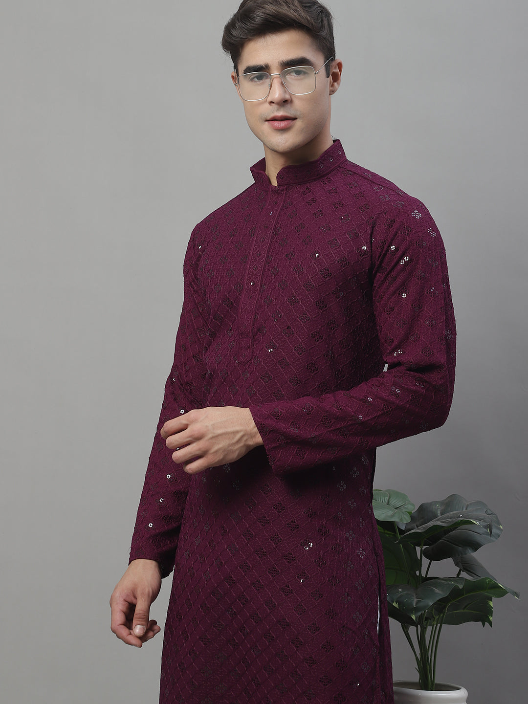 Jompers Men's Purple Chikankari Embroidered and Sequence Kurta - Distacart