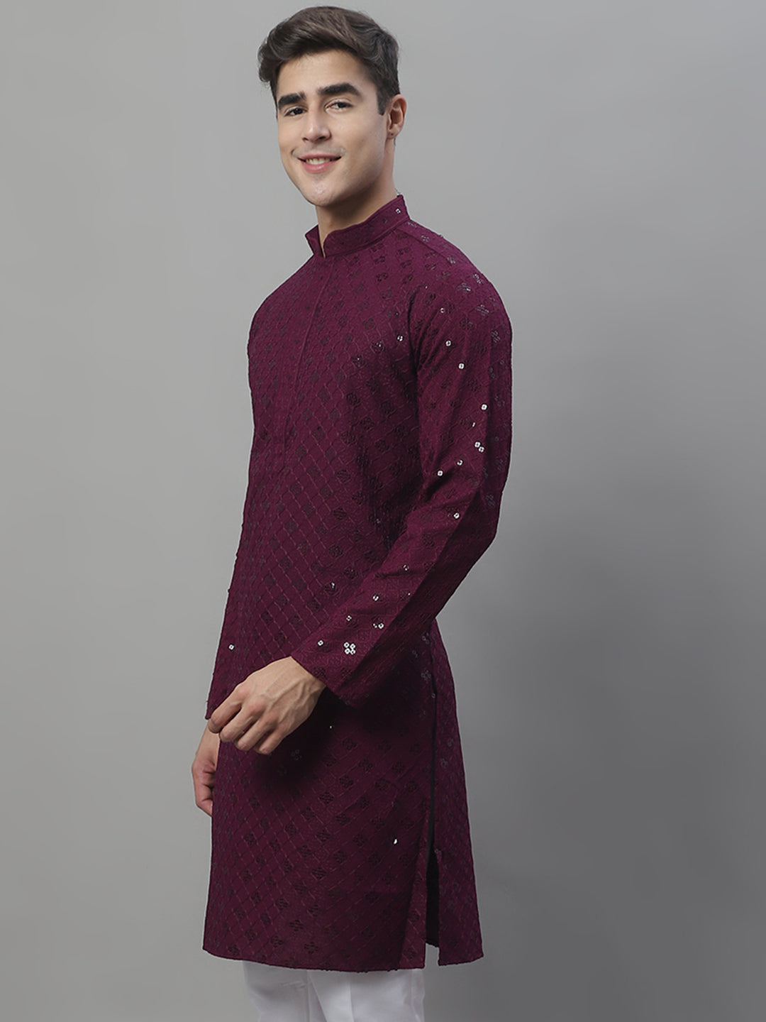 Jompers Men's Purple Chikankari Embroidered and Sequence Kurta - Distacart