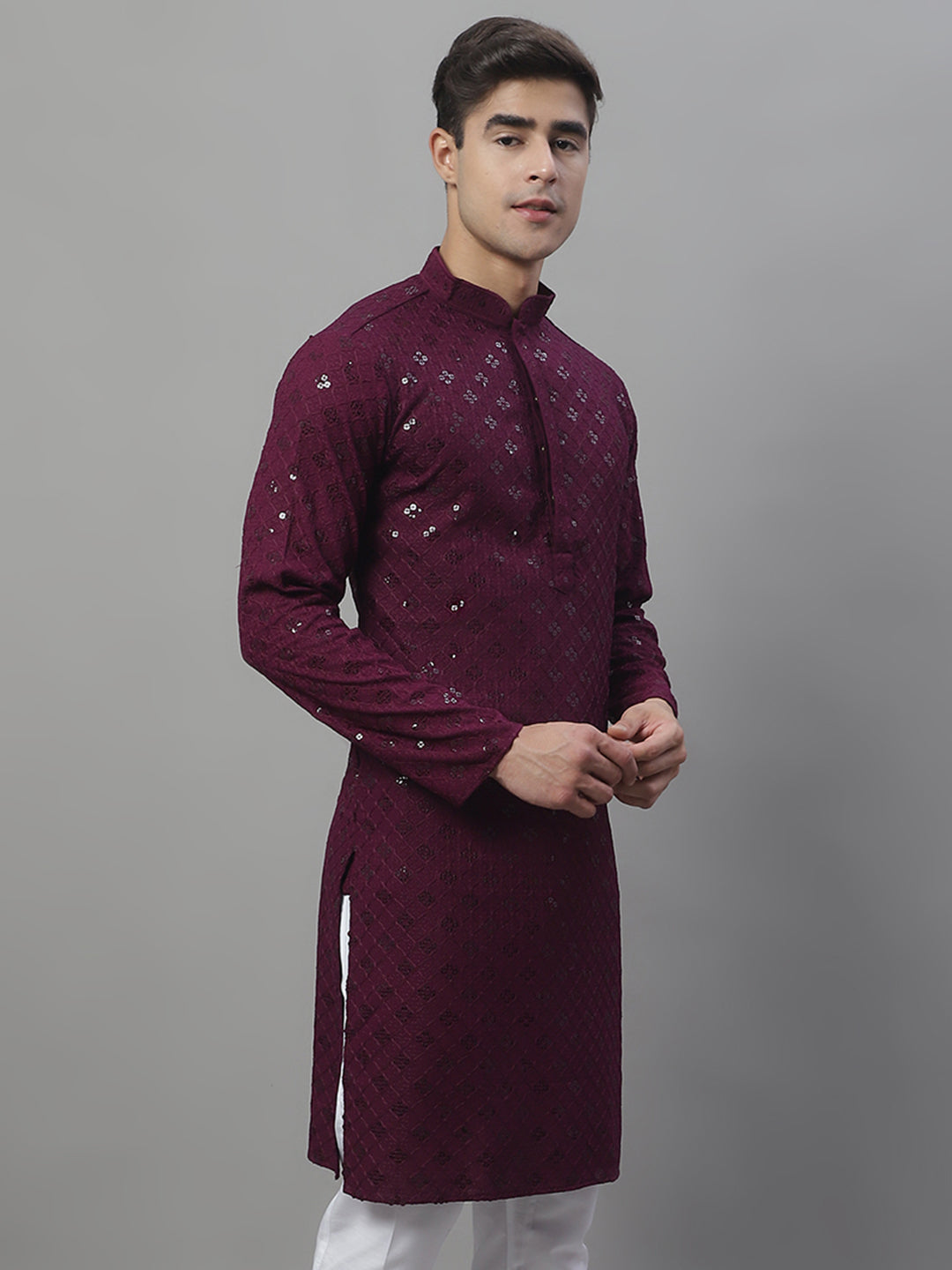 Jompers Men's Purple Chikankari Embroidered and Sequence Kurta - Distacart