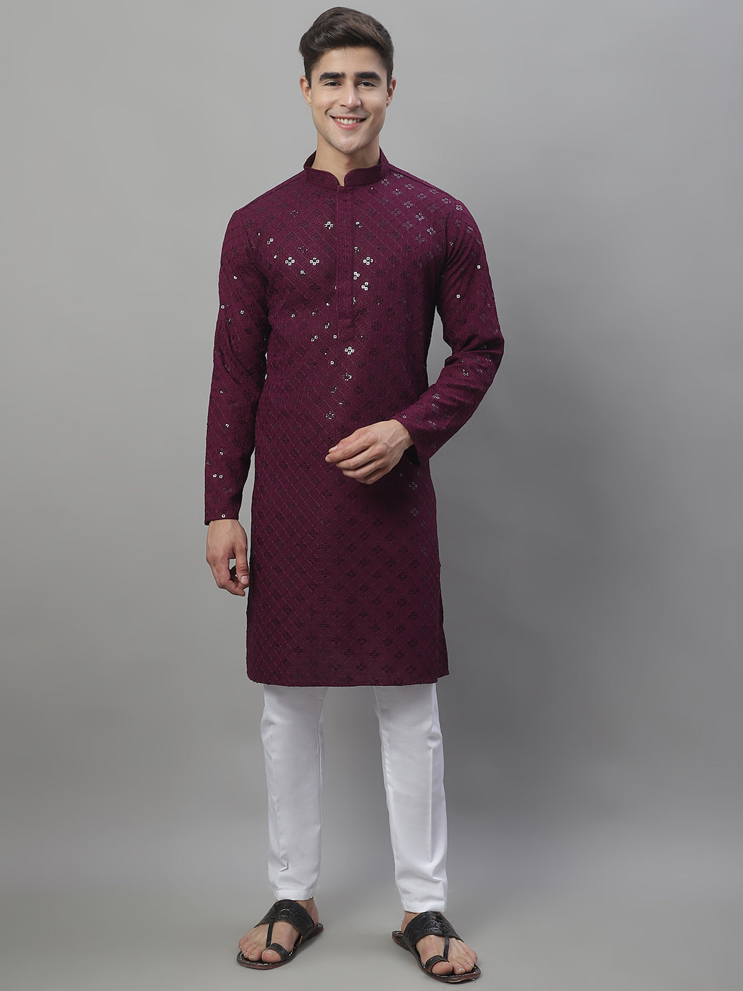 Jompers Men's Purple Chikankari Embroidered and Sequence Kurta - Distacart