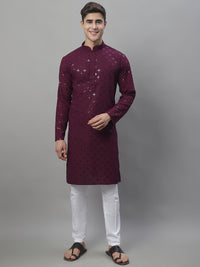 Thumbnail for Jompers Men's Purple Chikankari Embroidered and Sequence Kurta - Distacart