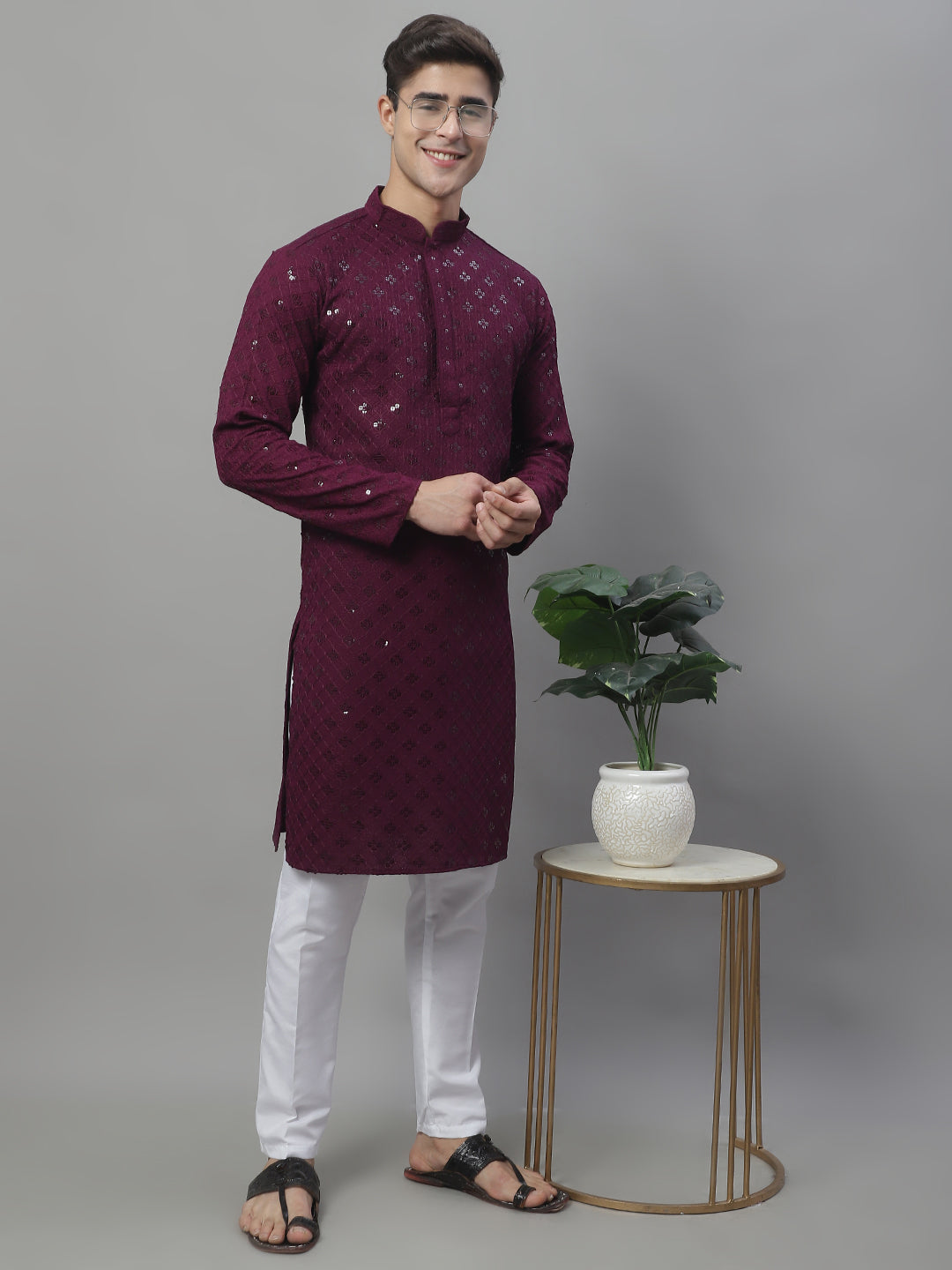 Jompers Men's Purple Chikankari Embroidered and Sequence Kurta - Distacart