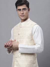 Thumbnail for Jompers Men's Yellow and White Woven Design Nehru Jacket - Distacart