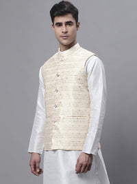 Thumbnail for Jompers Men's Yellow and White Woven Design Nehru Jacket - Distacart