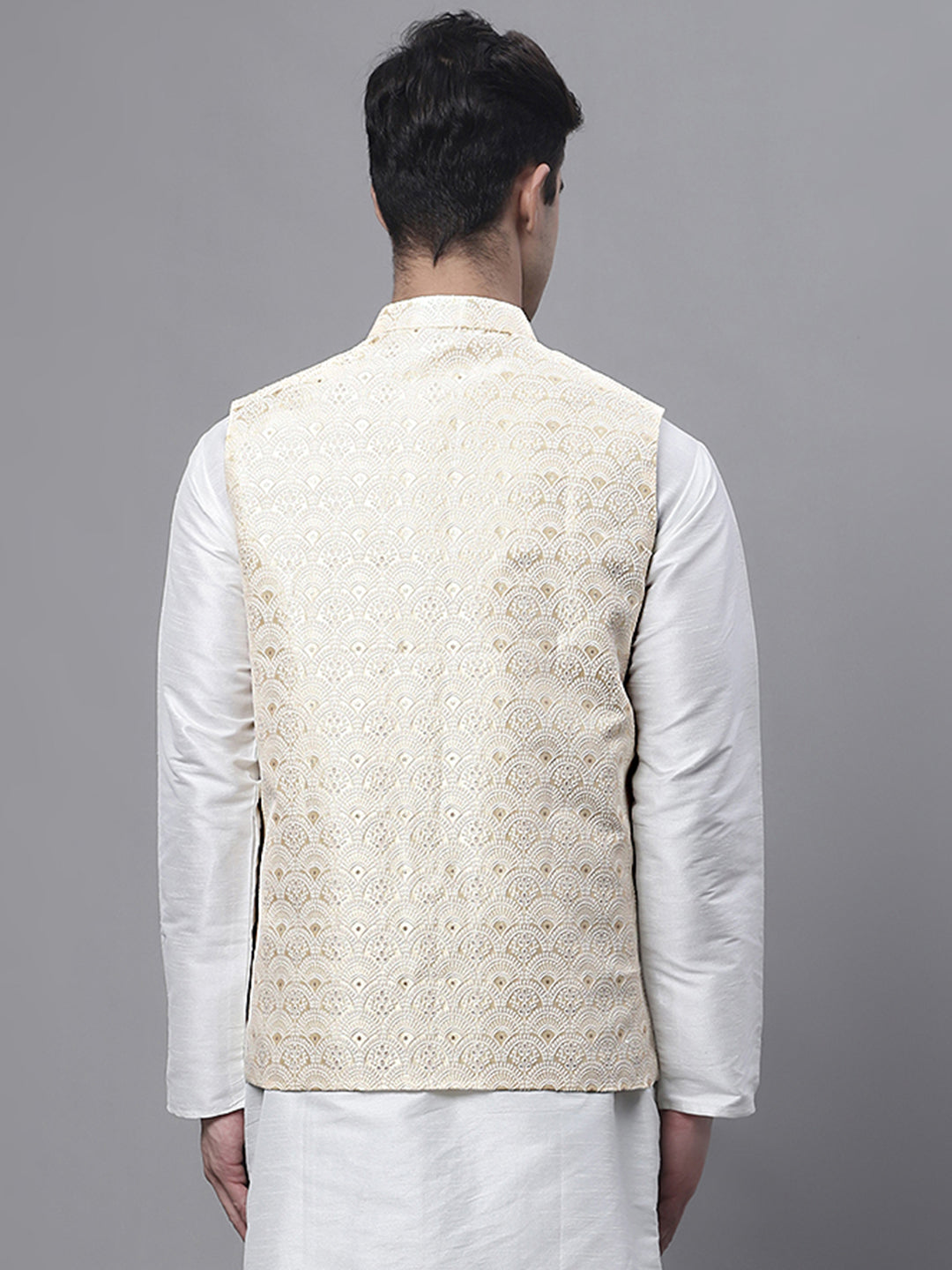 Jompers Men's Yellow and White Woven Design Nehru Jacket - Distacart