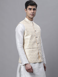 Thumbnail for Jompers Men's Yellow and White Woven Design Nehru Jacket - Distacart