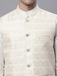 Thumbnail for Jompers Men's Yellow and White Woven Design Nehru Jacket - Distacart