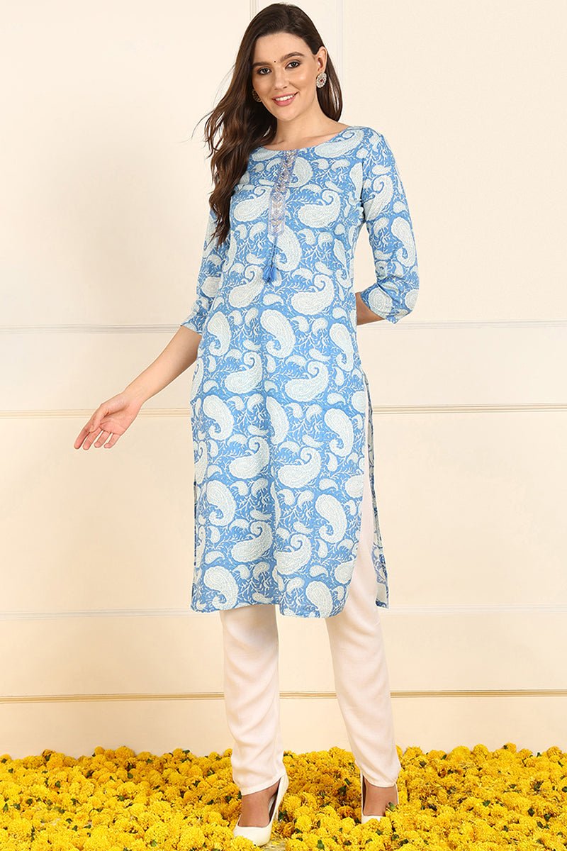Ahika Blue Cotton Paisley Printed Straight Kurta