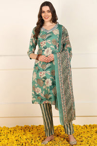 Thumbnail for Ahika Green Cotton Floral Printed Straight Suit Set
