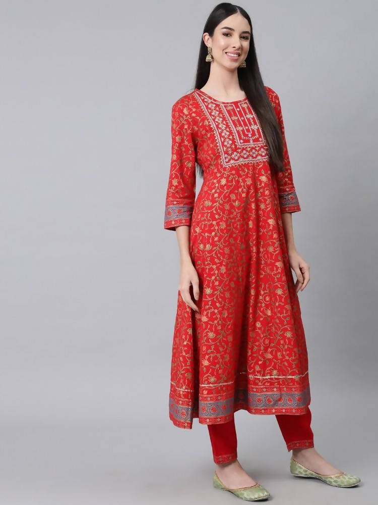 Anubhutee Red Ethnic Motifs Printed Empire Pure Cotton Kurta with Trousers & With Dupatta - Distacart