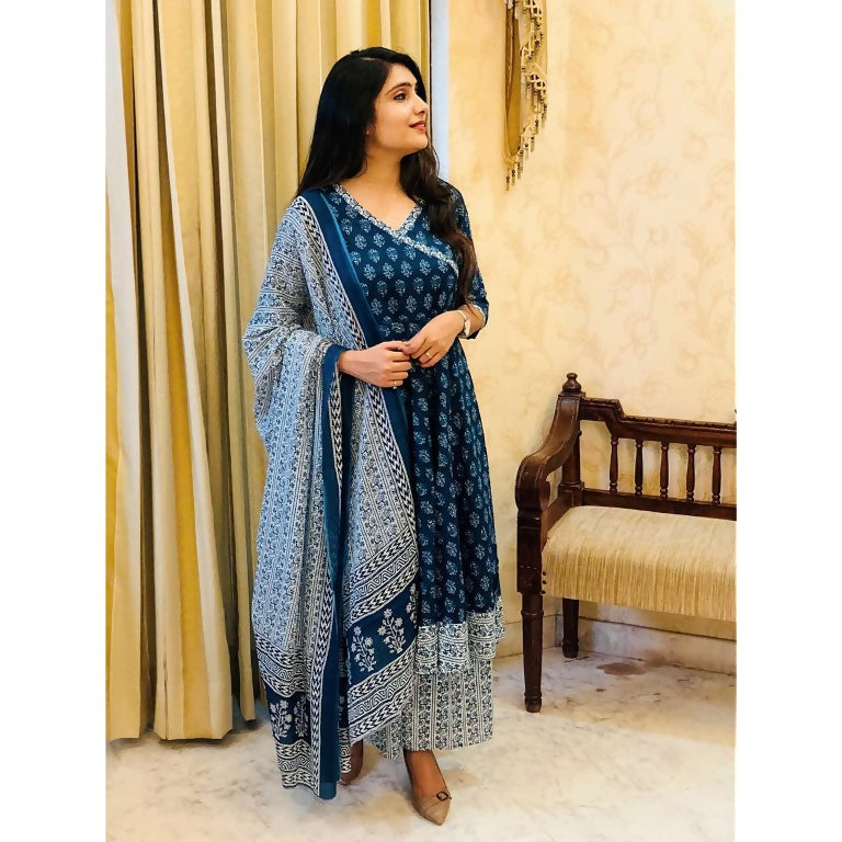 Indian Fashion Women Blue Printed Viscose Rayon Kurta And Palazzo Set - Distacart