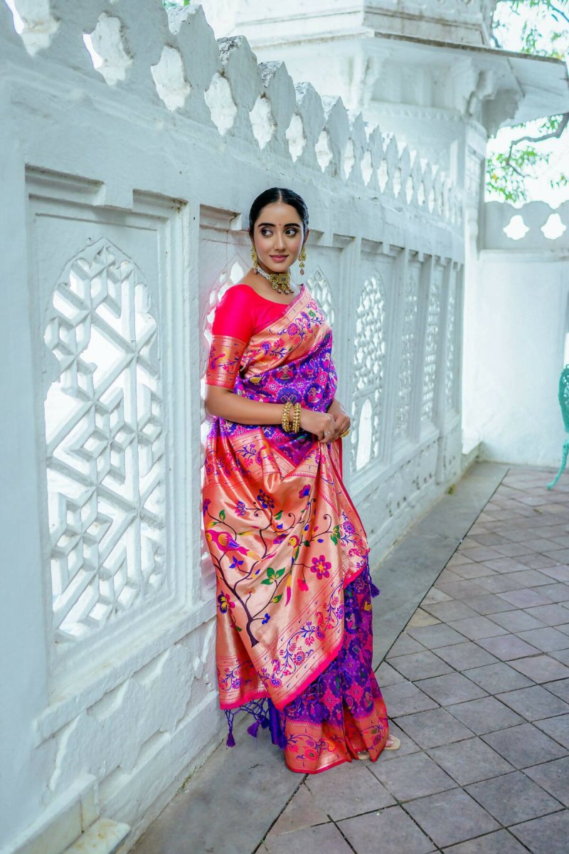 Aastha Fashion Purple Woven Paithani Silk Saree with Blouse - Distacart